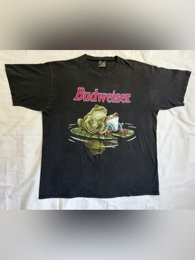 Budweiser Black Tee with Red & Blue Logo and Frog Art Single Stitch